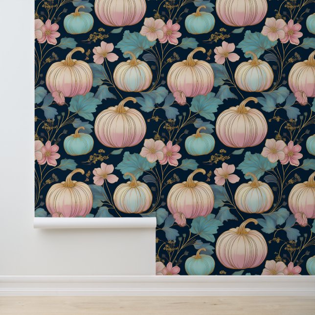 Pastel Floral Pumpkin Patch op Donkerblauw Behang (Applicatie)