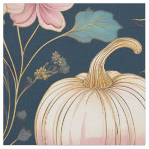 Pastel Floral Pumpkin Patch op Donkerblauw Stof
