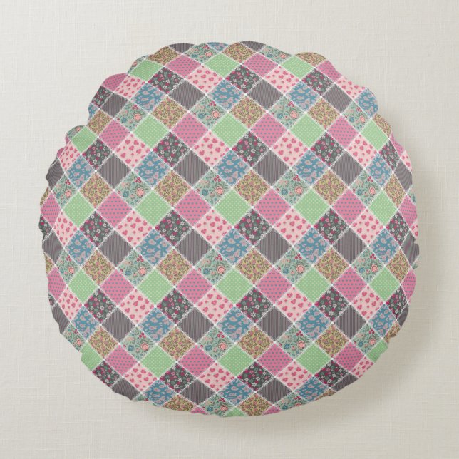 Pastel Floral Quilt Squares Rond Kussen (Voorkant)