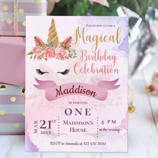 Pastel Floral Unicorn Anniversaire Fête Invitation