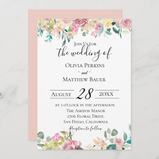 Pastel Floral Wedding Invitation Kaart (Voorkant / Achterkant)