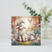 Pastel Floral Woodland Bunny Lamb Christelijk Pase Feestdagenkaart (Staand voorkant)