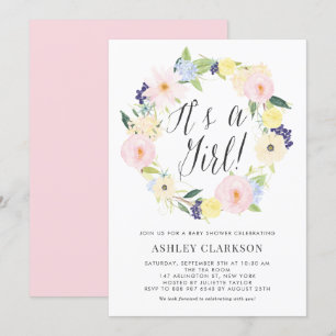Pastel Floral Wreator Baby shower Invitation Kaart