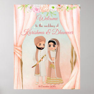 Pastel florale mandap met Indiaas paar welkom Poster