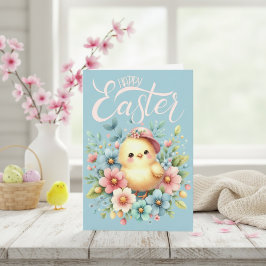  Pastel Florals & Chick Custom Happy Easter Feestdagen Kaart