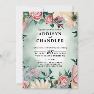 Pastel Flower Elegance: Sage Green Bloemen Huwelij Kaart