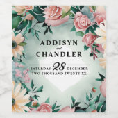 Pastel Flower Elegance: Sage Green Bloemen Huwelij Wijn Etiket (Enkel label)