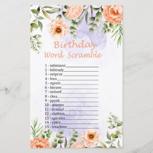 Pastel Flowers Birthday Word Scramble Game (Voorkant)