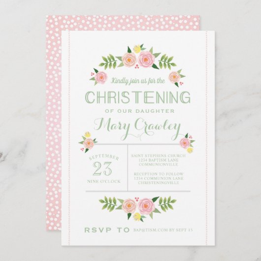Pastel Flowers Christening Invitation (Devant / Derrière)