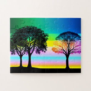 Pastel Fun Sunset Achter Silhouette Bomen Legpuzzel