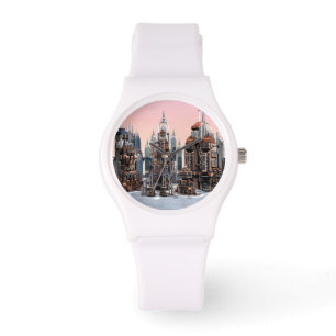 Pastel Futuristische Stad Fantasie Skyline Kunst Horloge