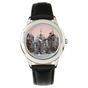 Pastel Futuristische Stad Fantasie Skyline Kunst Horloge