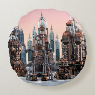 Pastel Futuristische Stad Fantasie Skyline Kunst Rond Kussen