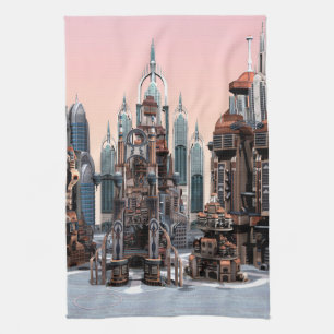 Pastel Futuristische Stad Fantasie Skyline Kunst Theedoek