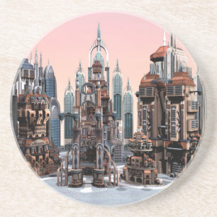Pastel Futuristische Stad Fantasie Skyline Kunst Zandsteen Onderzetter