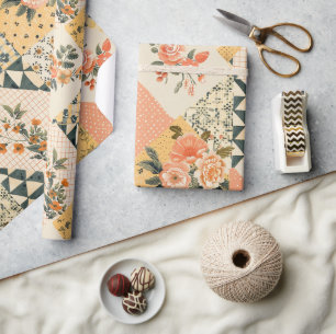 Pastel Geel Perzik Quilt Gingham Stippen  Cadeaupapier