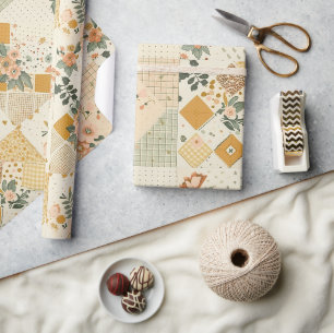 Pastel Geel Perzik Quilt Gingham Stippen Cadeaupapier
