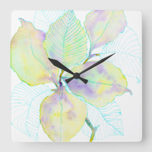 Pastel Geelgroene Aquarel Botanische Bladeren Vierkante Klok