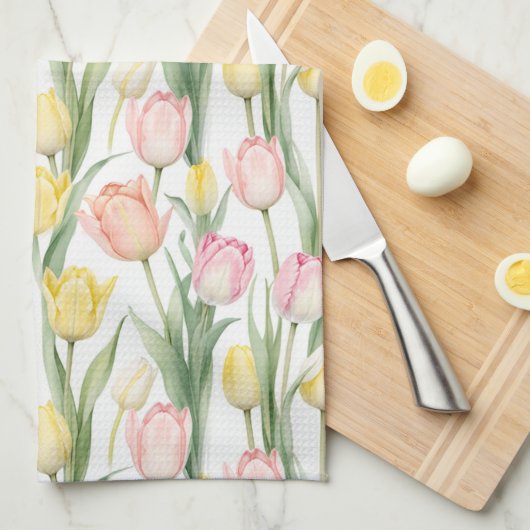 Pastel gele en roze tulpen theedoek (Quarter Fold)