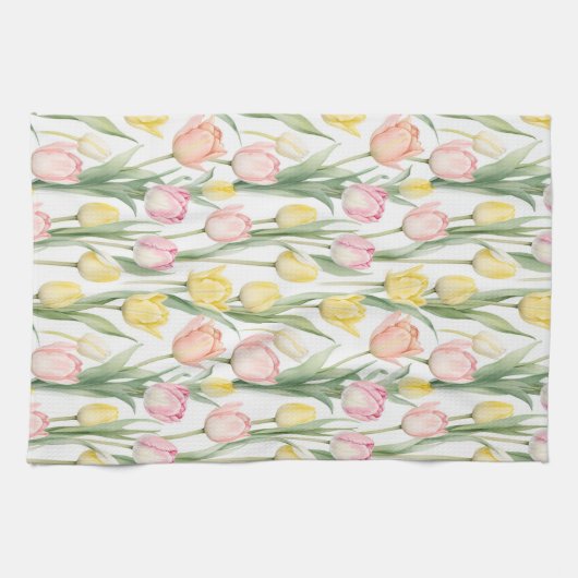Pastel gele en roze tulpen theedoek (Horizontaal)