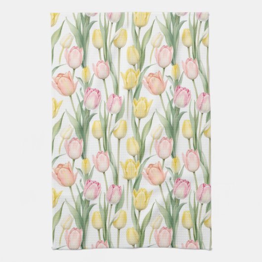 Pastel gele en roze tulpen theedoek (Verticaal)