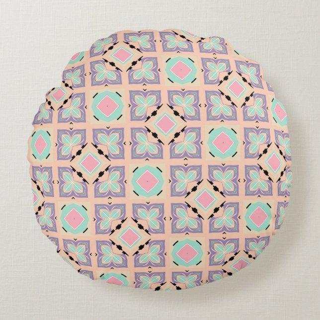 Pastel Geometric Tile Pattern | Pink Mint Purple  Rond Kussen (Voorkant)