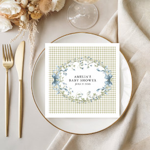 Pastel Gingham Blauwe Bloem Baby Shower Servet