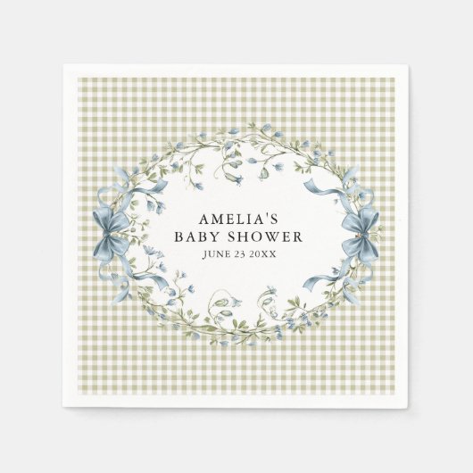 Pastel Gingham Blue Floral Baby Shower Servet (Voorkant)
