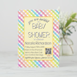 Pastel Gingham Rainbow Baby Shower Yellow Kaart