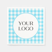 Pastel Gingham servetten Uw logo hier Blauwe (Voorkant)