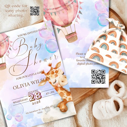 Pastel Giraffe Baby Shower Invitation with QR Code