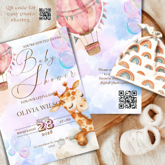 Pastel Giraffe Babyshower Uitnodiging met QR Code