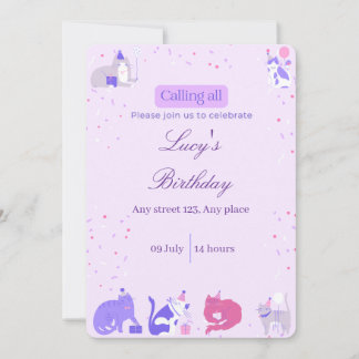 Pastel Girl Cat Invite Kaart