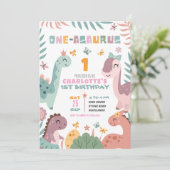 Pastel Girl Dinosaur 1st Birthday Invitation (Debout devant)