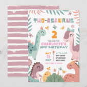 Pastel Girl Dinosaur 2nd Birthday Invitation (Devant / Derrière)
