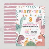 Pastel Girl Dinosaur 3rd Birthday Invitation (Devant / Derrière)