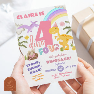 Pastel Girl Dinosaur DinoFour verjaardagsfeestje Kaart