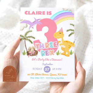 Pastel Girl Dinosaur Drie Rex Verjaardagsfeest Kaart