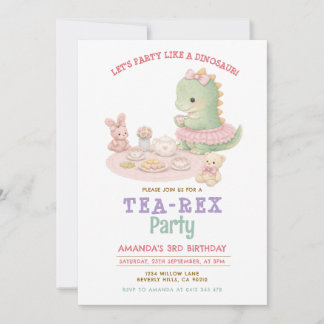 Pastel Girl Dinosaur Tea-Rex 3rd Girl Birthday Kaart