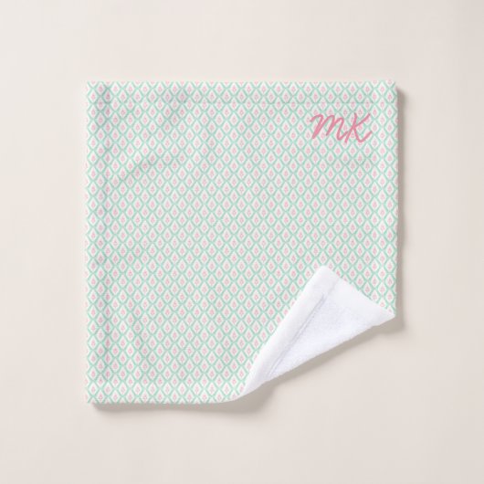 Pastel Girly Vert & Motif Rose Avec Initiales (Gant de toilette)