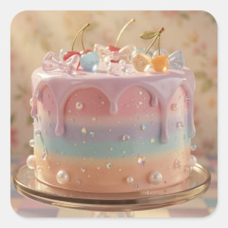 Pastel Glass Food Aesthetic Rainbow Birthday Cake Vierkante Sticker