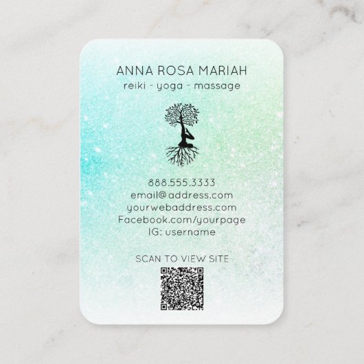 *~* Pastel Glitter Ombre QR Tree of Life Yoga Visitekaartje (Achterkant)