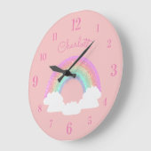 Pastel Glitter Rainbow met aangepaste naam op roze Grote Klok (Hoek)