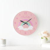 Pastel Glitter Rainbow met aangepaste naam op roze Grote Klok (Huis)