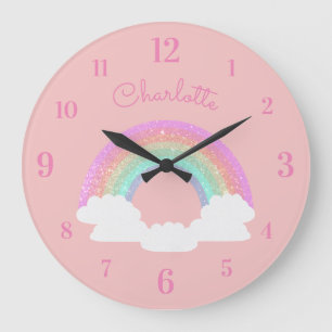Pastel Glitter Regenboog met Aangepaste Naam op Ro Grote Klok