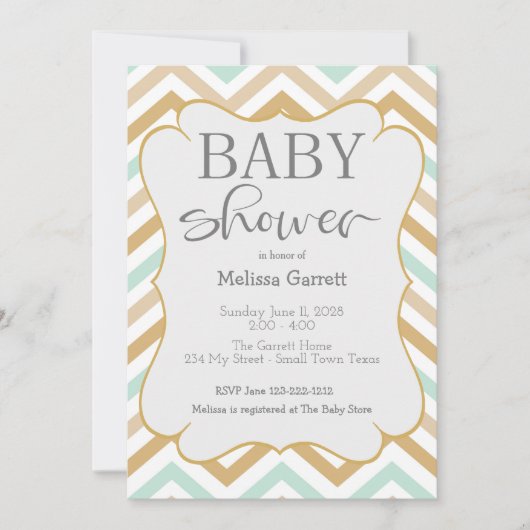 Pastel Gold et Green Zig Zag Baby Invitation (Devant)