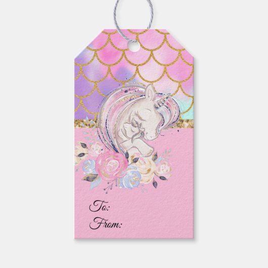 Pastel Gold Glitter Unicorn en Baby met bloemen Cadeaulabel (Voorkant)