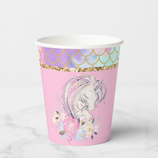 Pastel Gold Glitter Unicorn en Baby met bloemen Papieren Bekers
