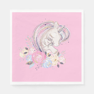 Pastel Gold Glitter Unicorn en Baby met bloemen Servet