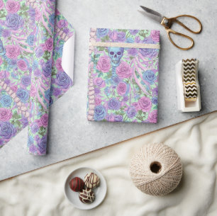 Pastel Gothic Bloemen Schedel & Roos Botten Cadeaupapier